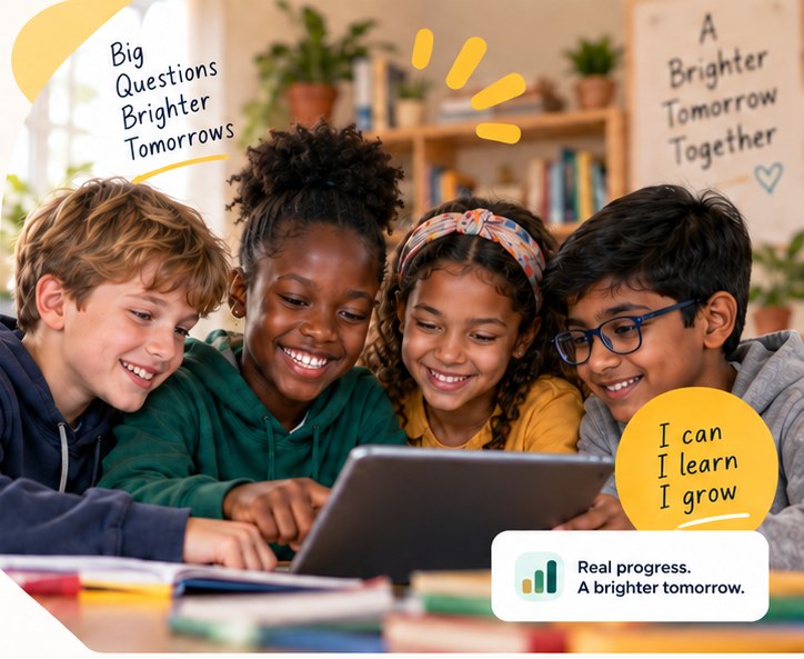 Children sharing a tablet and smiling as they learn together.