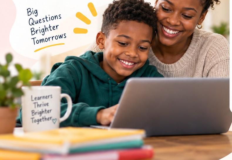 A parent and child learning together at a laptop at home.